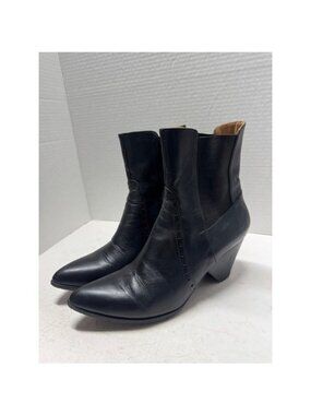 John Fluevog Black Leather Pointed Ankle Boots Block Heel Purpose Intent 7.5